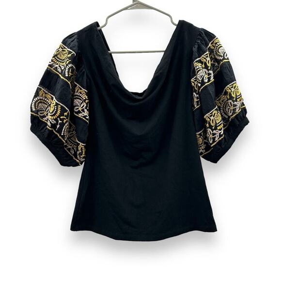 Free People Rock With It Black‎ Embroidered Off the Shoulder Pullover Top Sz M - Picture 6 of 11